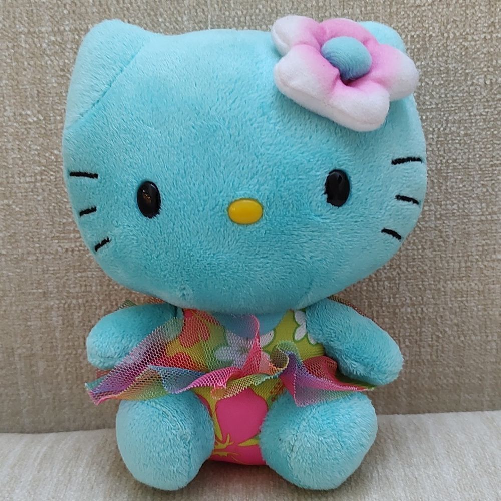 TY Hello Kitty by Sanrio Aqua Blue Tropical Flower 6" Plush 2014
